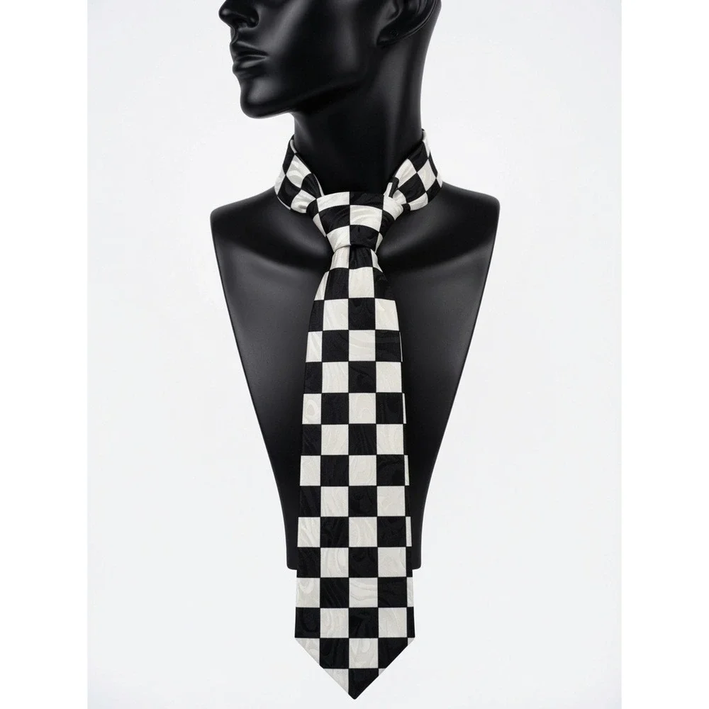 Vintage 1990s Seta Como Black and White Checkered Silk Necktie